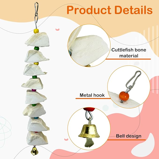 3 Pack Bird Chewing Toy Cuttlebone Parrot Toy with Bell Hanging Bird Beak Grinding Stone Parakeet Cage Accessories for Small & Medium Budgies Lovebirds Cockatiels (Block, 8 Per Skewer)