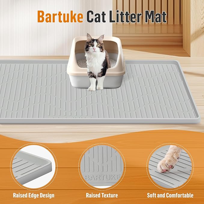 Silicone Cat Litter Mat, 28" x 22" Large Cat Litter Box Mat Litter Trapping Mat for Scatter Control, Waterproof, Soft on Kitty Paws, Clean Floor (Grey)