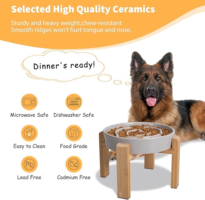 Elevated Slow Feeder Dog Bowl - Puzzle Maze Dish with Bamboo Stand - Raised Ceramic Food Bowl for Medium and Large Dogs - Grey - 8.8 inch