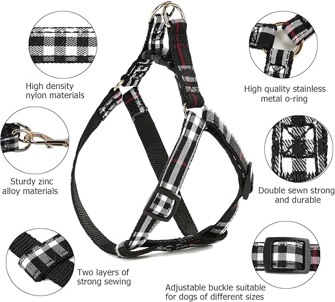 Cute Plaid Dog Collar Harness and Leash with Safety Buckle - Adjustable and No Pull Comfortable Dog Collars for Small Puppy, Stylish Durable Gift for Boy Girl Pets