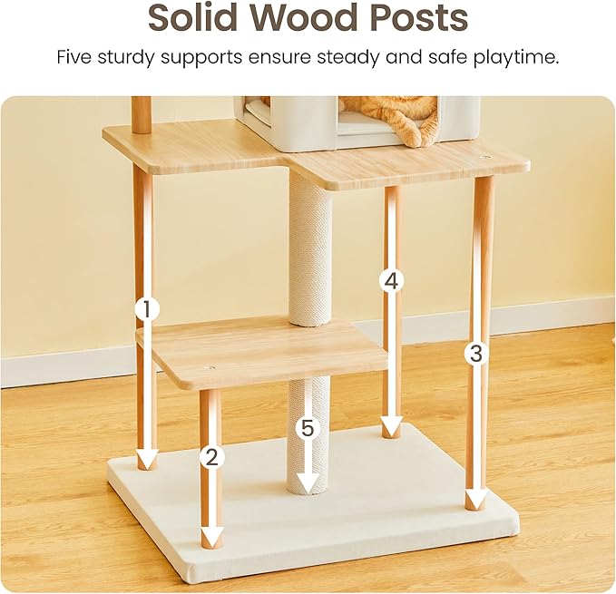 MWPO Modern Cat Tree - 63-Inch Luxury Wood Cat Tower for Indoor Cats, Large Perches with Soft Cushions, Cat Condo for Large Cats with Scratching Posts - Beige