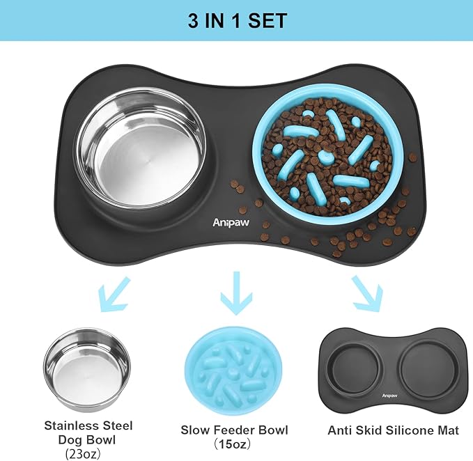 Slow Feeder Dog Bowls 3 in 1 Stainless Steel Food and Water Bowls with Non-Spill and Skid Silicone Mat to Slow Down Eating for Large Medium Small Breed Size Dogs and Cats