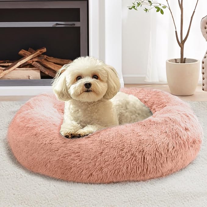 JOLLYVOGUE Calming Dog Bed for Small Dogs - 23 inches Donut Washable Small Dog Bed for Kittens & Puppies, Anti-Slip Round Fluffy Plush Faux Fur Cat Beds (Fits up to 25 lbs Pets, Peach Pink)