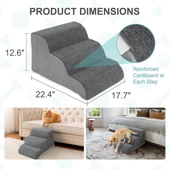 Docred 3-Step Dog Stairs for Small Dogs and Cats - Doggy Ramp, Non-Slip Sturdy Pet Steps for Beds, Couch, Sofa, Washable Dog Ramp with Removable Cover