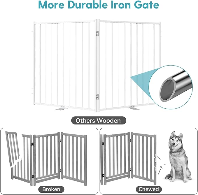 No Pawblems Free Standing Dog Gate with Door, 30'' Tall Foldable Dog Fence for Indoor & Outdoor, Up to 78 Inch Extra Wide Puppy Gate for Stairs, Hallways, Doorways, Deck, Yard (White, 3 Panels)