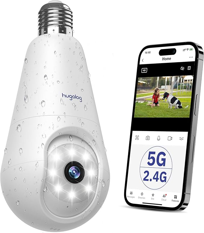 Hugolog 2K 3MP Light Bulb Security Camera 5G& 2.4GHz WiFi, 360° Wireless Outdoor Indoor Camera for Home, Motion Detection, Two-Way Talk, Color Night Vision, Siren Alarm, Compatible with Alexa