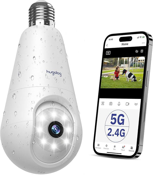 Hugolog 2K 3MP Light Bulb Security Camera 5G& 2.4GHz WiFi, 360° Wireless Outdoor Indoor Camera for Home, Motion Detection, Two-Way Talk, Color Night Vision, Siren Alarm, Compatible with Alexa