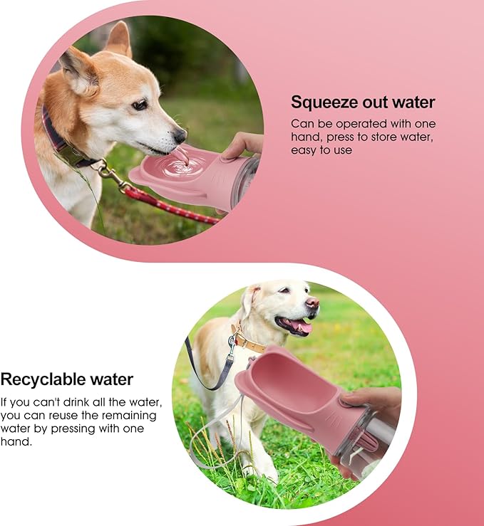 Portable Dogs Water Bottle with Food Storage Container, Leakproof Drinking Water Dispenser Feeder for Outdoor Dog Stuff Accessories Items for Cats, Puppy,for Walking, Hiking (Pink, 550ml)