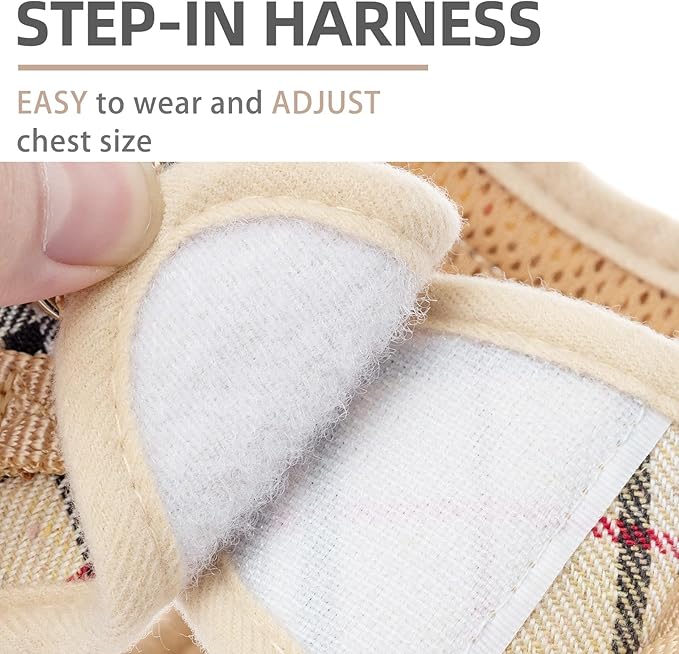 PUPTECK Soft Mesh Dog Harness and Leash Set Step-in Plaid Puppy Padded No Pull Vest Harness for XS Small Medium Sized Dogs Cats Outdoor Walking, Beige L