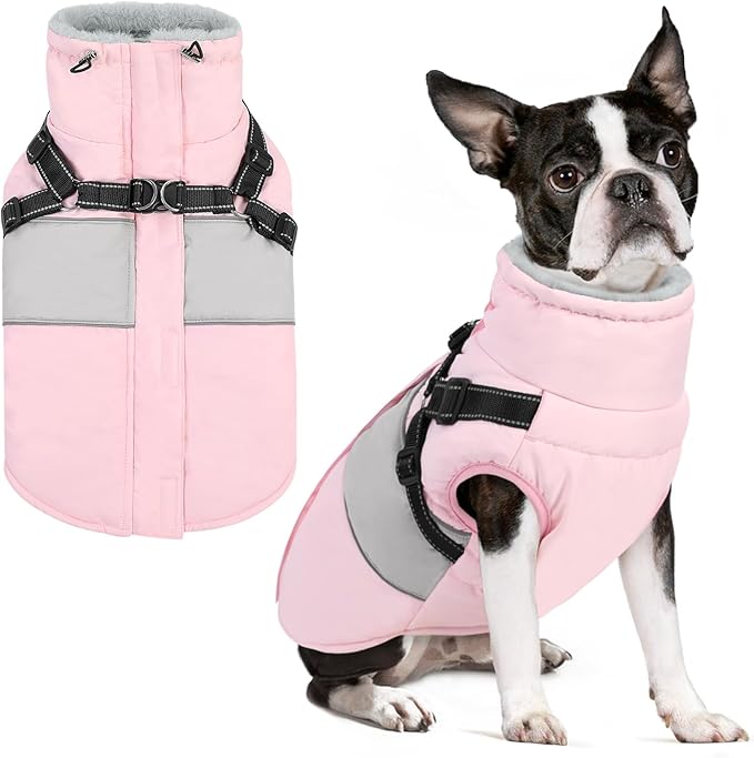 SUNFURA Small Dog Coat with Harness Built in, Warm Dog Jacket Winter with Zipper On Back, Waterproof Pet Snow Jacket Snowsuit Pet Sweater Clothes for Puppy, Pink XS