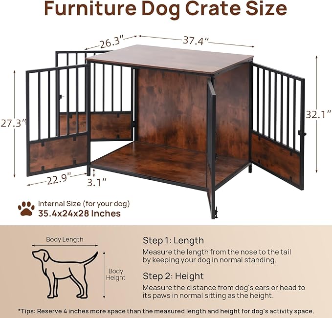 37.4" Wooden Dog Crate Furniture – Chew-Resistant Kennel for Medium/Large Breeds,3-Door Indoor Kennel with 3.1" Raised Feet, Multi-Functional TV Stand & End Table