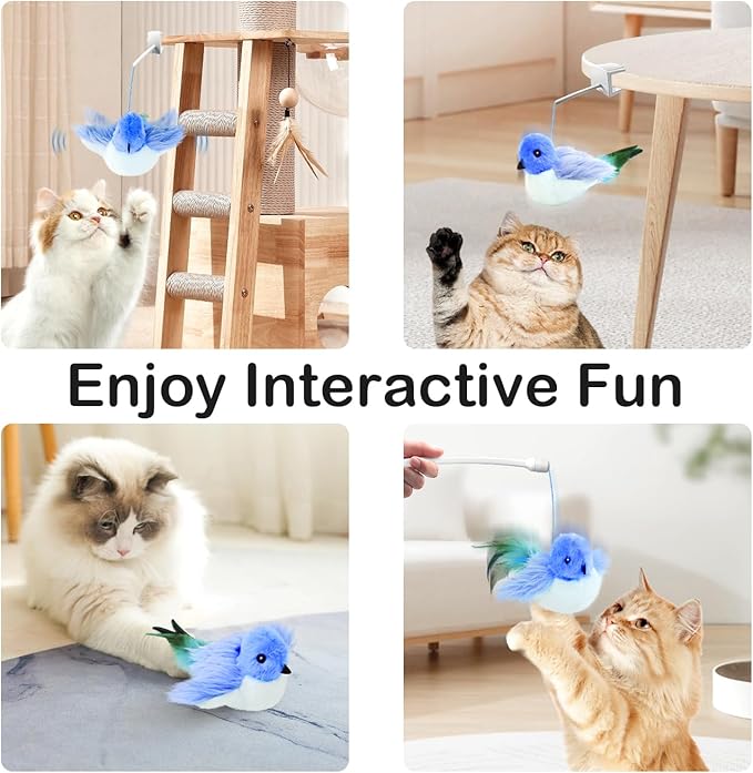 Migipaws Interactive Flapping Bird Cat Toys with Rod, clamp, Elastic String and Catnip, Automatic Chirping Toys for Indoor Cats to Chase, Hanging Feathers for Kitten to Self Play,Rechargeable(Blue)