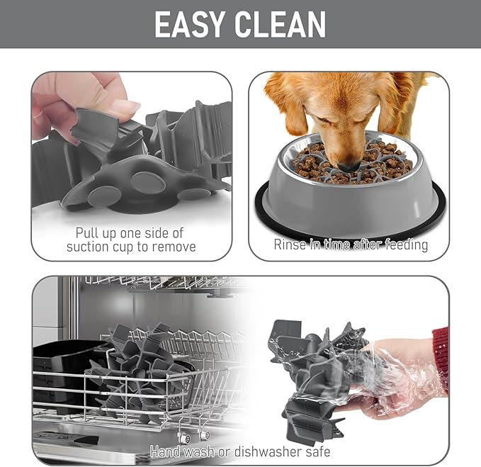 Slow Feeder Insert Dog Bowls, Extra Slow Cuttable 4.7-7in with Upgraded Lip for Dog Bowl Non-Slip Silicone Large Medium Size Dogs Anti-Chocking Feeding Pad 9XL Suction Cups for Metal Glass Bowls Grey