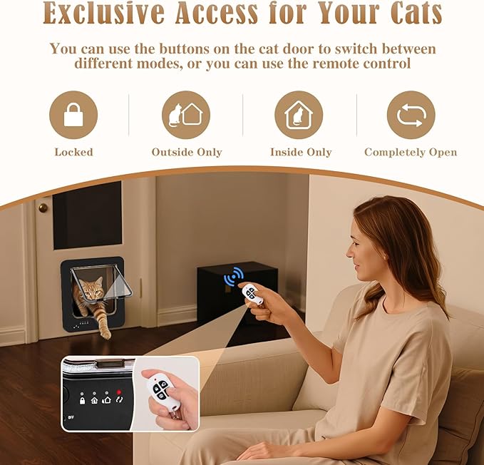 Smart Cat Door for Interior & Exterior, Flap Opening is 7.67’’ (H) by 7'' (W), RFID Cat Pet Door with 3 RFID Collar Sensor Keys & 1 Remote & 4 Way Locking Cat Flap, Automatic Opening Cat Door ﻿(Black)
