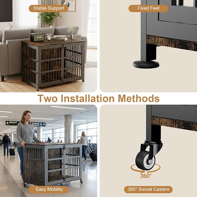 46" Dog Crate Furniture with Wheels, XXL Heavy Duty Dog Kennel Indoor for XL Dogs, Metal Chew-Proof Dog Cage, 45.9" L x 27.6" W x 32.4" H, Decorate House as TV Stand, End Table — Rustic Brown