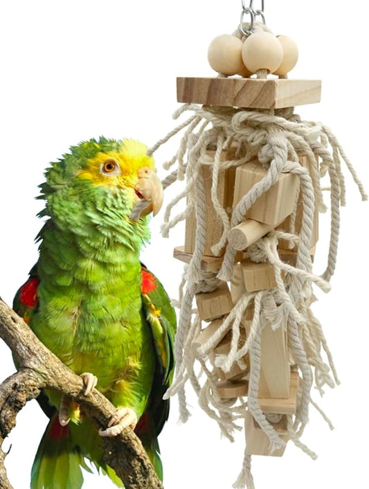Bird Block Knots Tearing Toy- 17 inch Dye-Free Natural Wooden Parrot Chewing Toy for Medium and Large Parrots, Conures, Cockatiels, African Greys, Cockatoos, Quakers and AmazonParrots