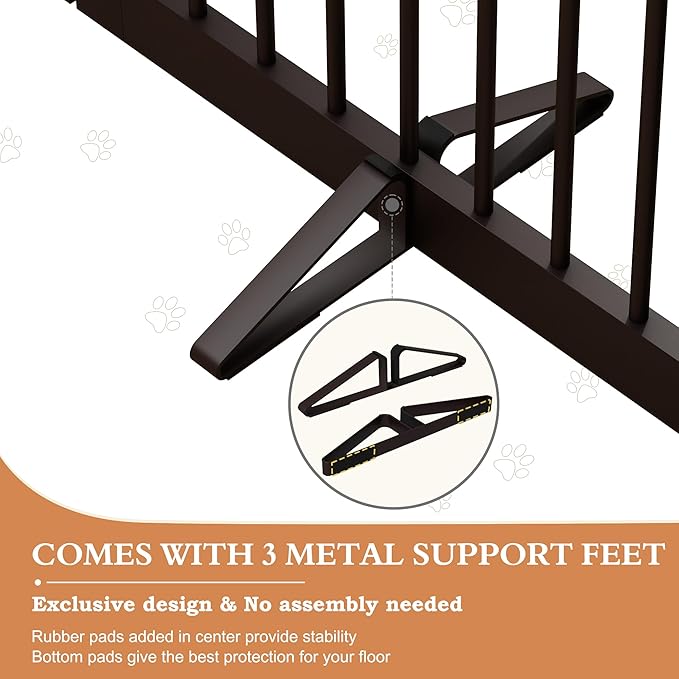 Freestanding Dog Gate with Door, Pet Gate for Stairs, 80 inch Wide Pet Barrier Indoor, Dog Fences Indoor, Support Feet Included, 4 Panels, 24" Tall, Dark Brown