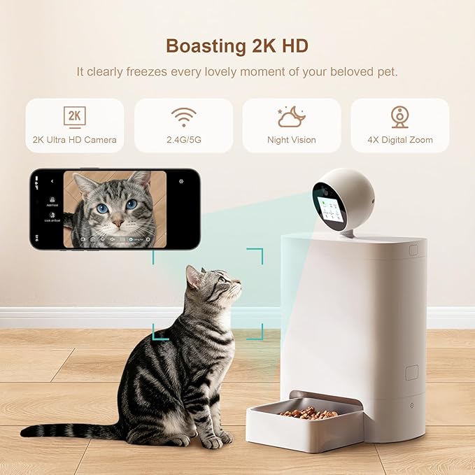 Automatic Cat Feeder with Camera 360°, 2K HD Pet Feeder with Night Vision & 2-Way Audio, Smart APP Control, AI Smart Cat Feeder, Up to 16 Meals/Day, 5.5L Timed Food Dispenser for Cats & Dogs