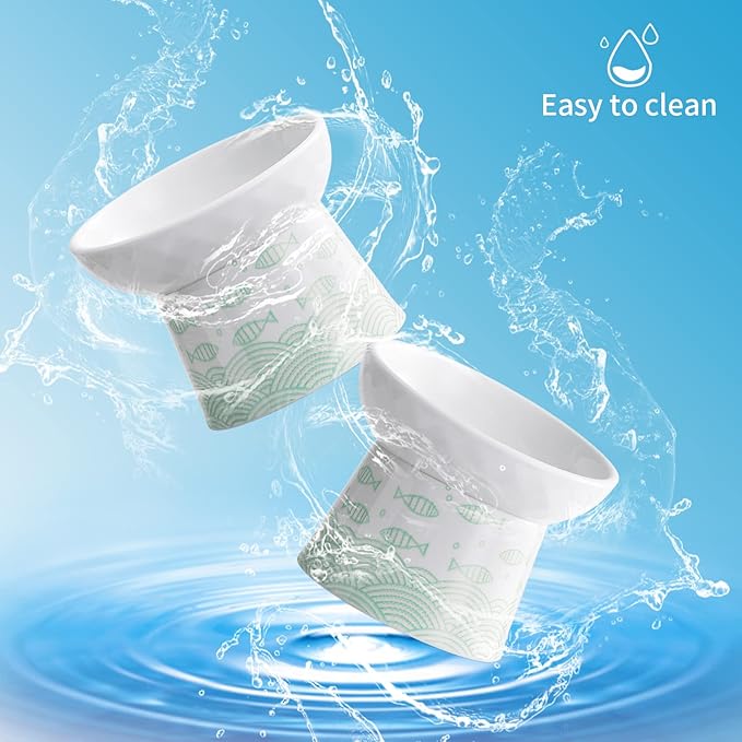 OMAYKEY Ceramic Raised Cat Bowls, Elevated Tilted Cat Food and Water Bowl Set, Porcelain Stress Free Pet Feeder Dish for Cats and Small Dogs, Dishwasher and Microwave Safe, Green, Set of 2