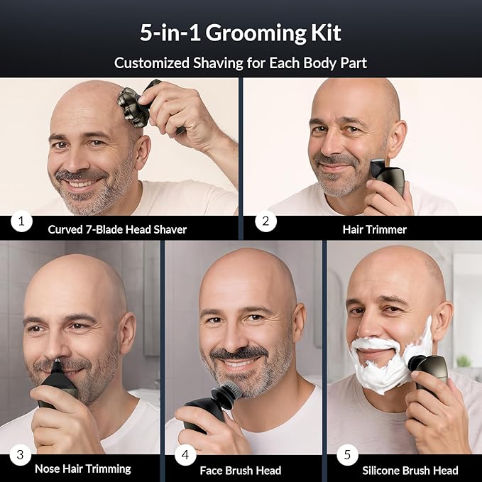 7D Arc Electric Shaver for Head & Body, 5-in-1 Electric Razor, Waterproof Wet/Dry Head Shaver with Magnetic Detachable Head, LED Display Rechargeable Electric Shaving & Grooming Kit, Dark Gray