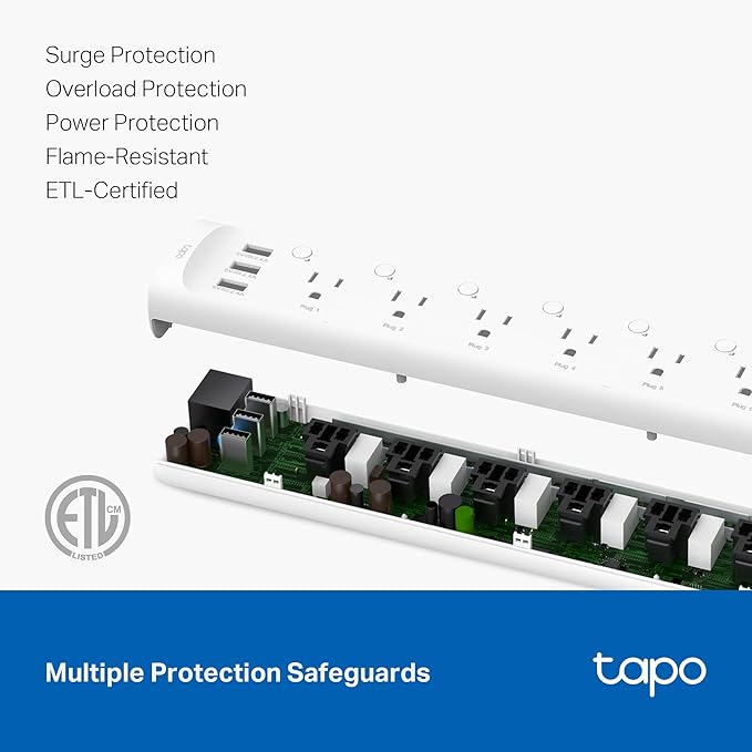 Tapo Smart Wi-Fi Power Strip- 6 Individually Controlled Smart Outlets and 3 USB Ports with Surge Protection, Matter, Works w/Alexa, Google Home, Siri, & Bixby, No Hub Needed, Tapo P316M