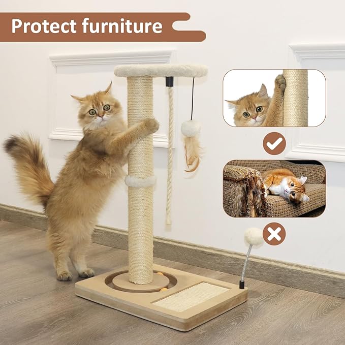PAWSFANS Cat Scratching Post,Sisal Scratch Posts with Track Ball Feather Toy for Indoor Cats and Kittens,25" Tall Beige