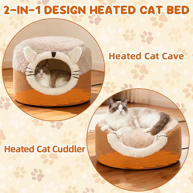 YUEPET 2-in-1 Heated Cat Bed,Electric Warming Pet Cave Tent & Cuddler with Timer & Temp Adjustable，Foldable Heated Bed for Indoor Cats with Removable Heating Pad,Machine Washable Pet Hideaway