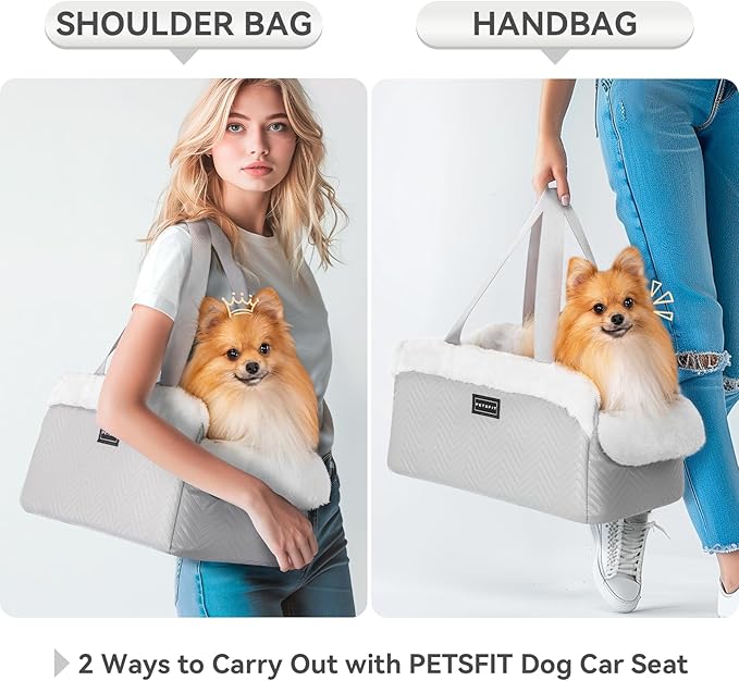 PETSFIT Console Dog Car Seat, Portable Small Dog Car Seat with Safe Protective Hooks, Luxury Dog Carseat Includes Safety Leash and Storage Pocket for Pets Up to 9 lbs (Grey)