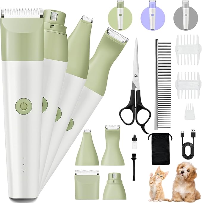 Dog Clippers Grooming Kit, 4 in 1 Quiet Cordless Dog Paw Trimmer & Nail Grinder, Small Cat Clippers Electric Rechargeable Low Noise Pet Shaver for Trimming Hair on Paw Eye Ear Face Rump, Green