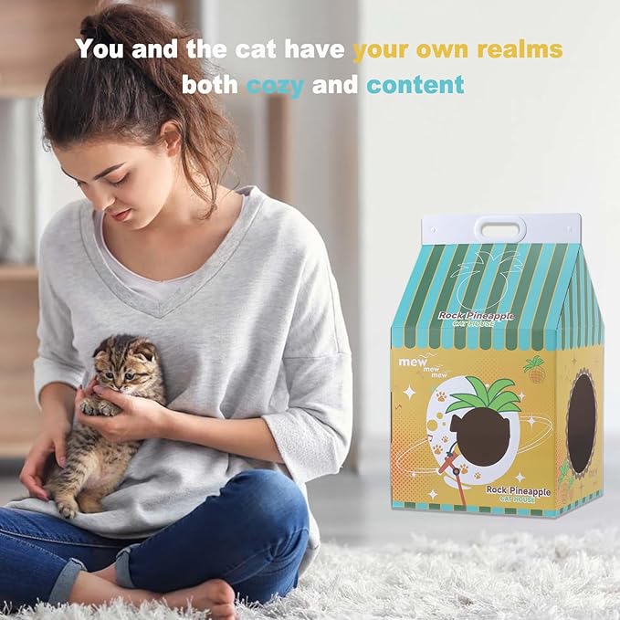 Cardboard Cat House with Scratcher – Yellow Pineapple Milk Carton Design, 22.5''H x 13''L x 13''W, Indoor Cat Playhouse & Hideout for Cats up to 16 lbs, Portable Handle, Corrugated Scratch Pad