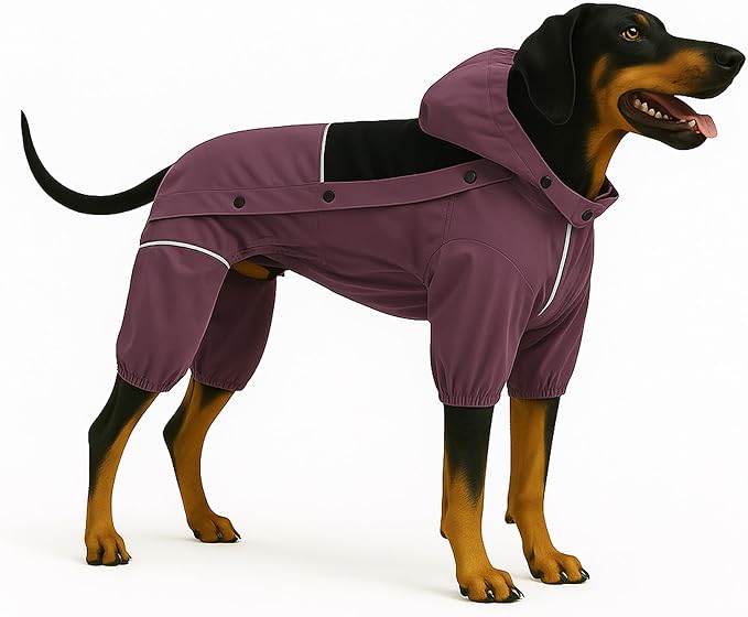 LOVELONGLONG Waterproof Dog Raincoat with Removable Hood – Outdoor Full Body Dog Jacket, Windproof Snowproof Shell Suit – All Season Pet Rain Gear Plum Purple S