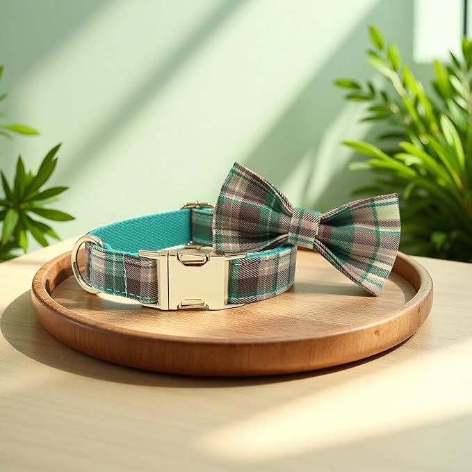PETDURO Personalized Dog Collar Teal Brown Plaid for Large Medium Dogs | Engraved Name and Phone Number on Gold Metal Buckle for Boys & Girls | Add Leash & Bow Tie via Customize Now