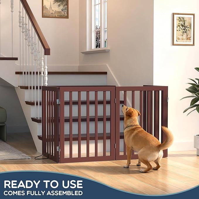 Homykic Bamboo Freestanding Dog Gate, No Assembly Pet Gate Indoor, 24”H x 75”W Extra Wide Foldable Puppy Fence with Support Feet for The House, Doorways Stairs, 4 Panels, No Drilling, Espresso