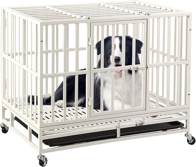 Escape-Proof Heavy Duty 38" Dog Crate, Indestructible Steel Kennel for Large & High-Anxiety Dogs with with Removable Tray, Double Door Design with 4 Wheels and Reinforced Baseplate