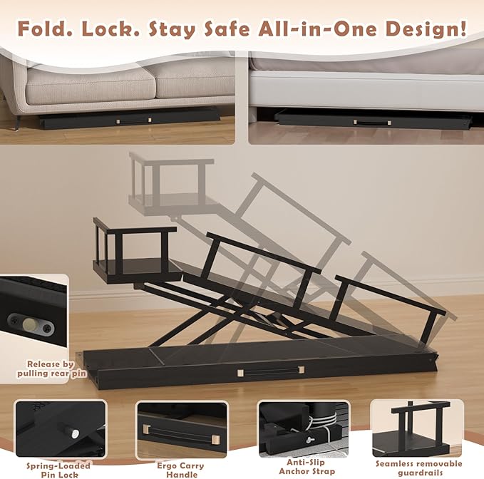 65" Foldable Dog Ramp for Bed, 6 Level（13"-32"） Heavy Duty Adjustable Dog Ramp for Car Pet Ramp with EVA Non-Slip Surface, Rest Platform & Glow Strips for Large Dogs up to 200Lbs (Black)