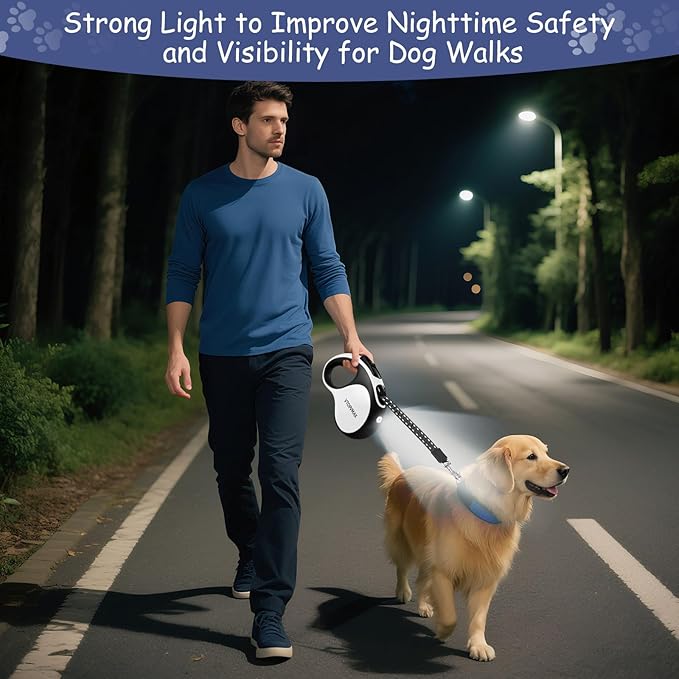 16Ft Retractable Dog Leash - for Small to Medium Dogs Up to 66lbs, Heavy Duty Retractable Leash with Light Rechargeable, Quick Lock Braking & Non-Slip Handle (White)