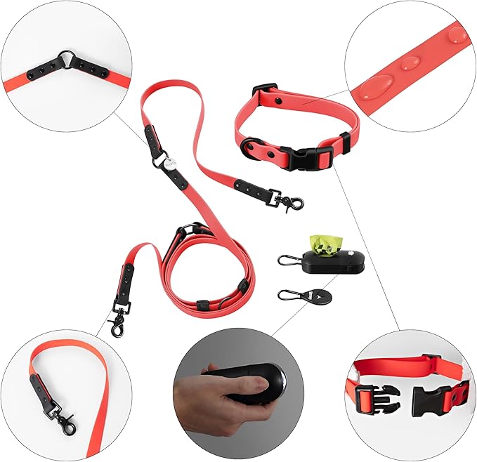 WLK1004M-5SET Luna Small 8FT Adjustable 6-in-1 Waterproof Hands-Free Leash and Collar with LED Flashlight, Bag Dispenser, and Poop Bag Holder, Shirley