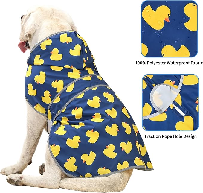 Dog Raincoats for Large Dogs Waterproof Hooded Rain Jacket with Reflective Strips Leash Hole & Poncho Adjustable Fit (Duck,XXL)