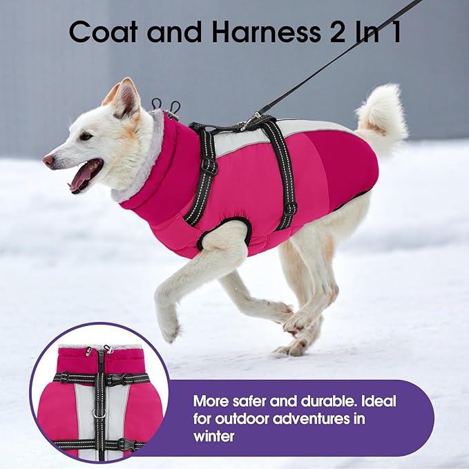 SUNFURA Dog Coat, Dog Jacket for Large Dogs with Harness Built in, Warm Pet Winter Coat Zip Up Snow Jacket with Furry Collar for Boston Terrier, French Bulldogs, Hot Pink L