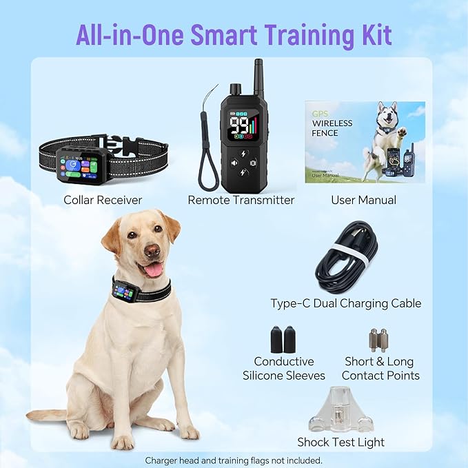 GPS Wireless Dog Fence – with Dog Collar, Remote & Free App, Custom GPS Fence, Adjustable Beep/Vibration/Static, IP67 Waterproof, Long Battery Life, for Dogs 10–120 lbs, Remote Kit