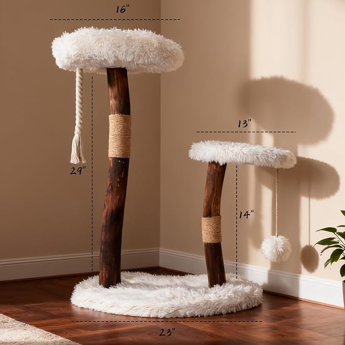 Modern Cat Tree Tower for Indoor Cats, Natural Solid Wooden Branch with Sisal Scratching Post, Log Hardwood for Char-Grilling, Style Cat Furniture with Perches Platform & Toy Ball