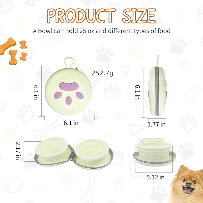 Collapsible Dog Bowls, 2-in-1 Pet Portable Travel Double Bowl Water Food Feeder Traveling Camping & Walking 25oz Light Yellow