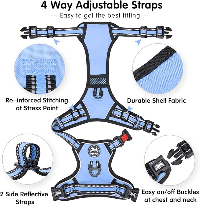 PoyPet No Pull Dog Harness, [Release at Neck] Reflective Adjustable No Choke Pet Vest with Front & Back 2 Leash Attachments, Soft Control Training Handle for Small Medium Large Dogs(Light Blue,XS)