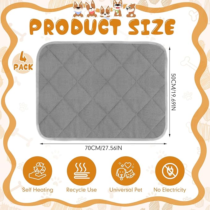 Novabright 4 Pack Self Warming Cat Bed Cat Dog Heating Pad Soft Warm Thermal Mat with Anti-Slip Bottom Dog Crate Pad for Outdoor Indoor Small Dogs Kittens(Gray,19.6 x 27.5 Inches)
