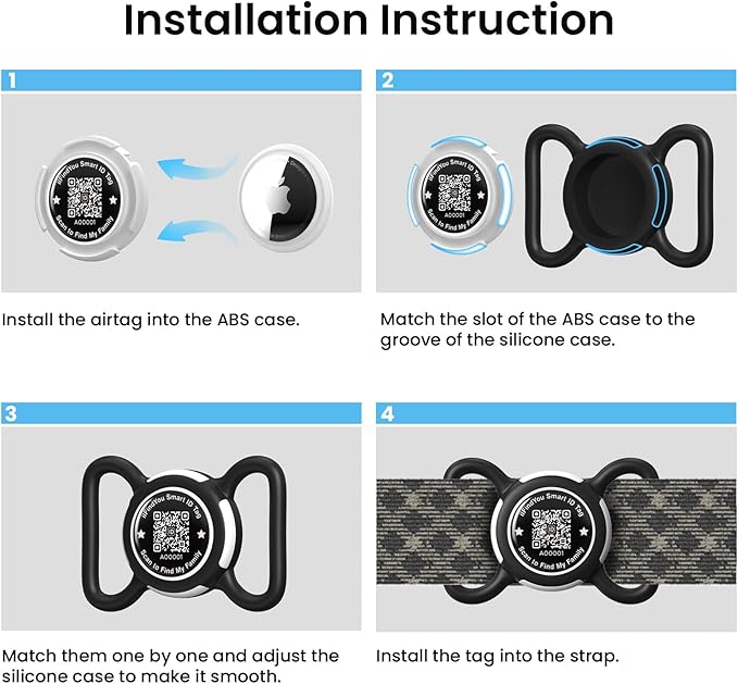 4 Pack Waterproof AirTag Dog Collar Holder for Apple Tracker QR Code Case Black