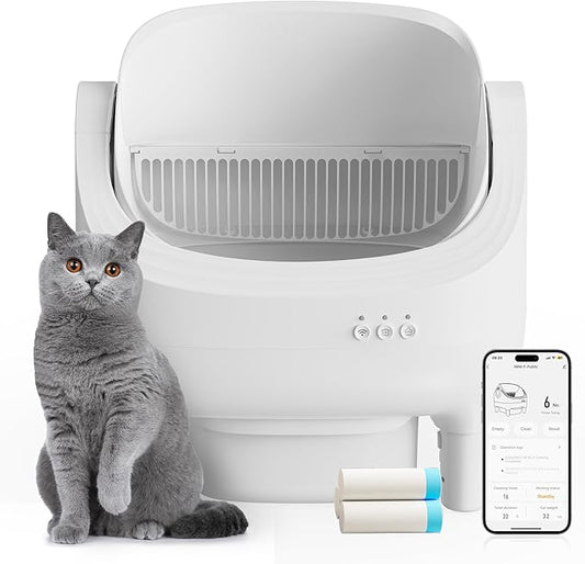 Open-Top Self-Cleaning Cat Litter Box, Automatic Litter Box for Multiple Cats with 10.5L Waste Bin, Advanced Safety Sensors, Quiet Operation, Easy to Clean (White)