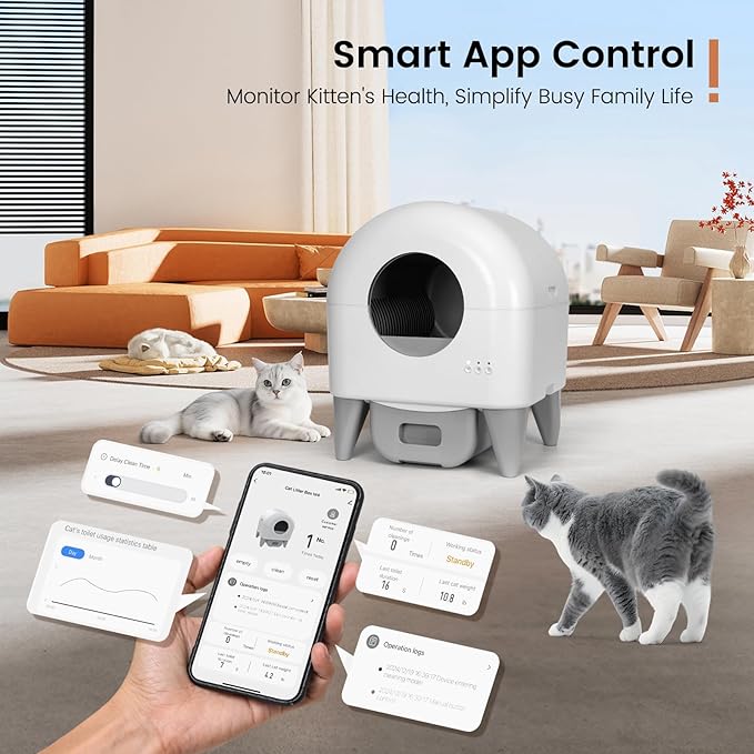 ECORUI Self Cleaning Litter Box,Automatic Cat Litter Box for Multiple Cats, with Safety Protection, App Control,2 Roll Cat Litter Liners White