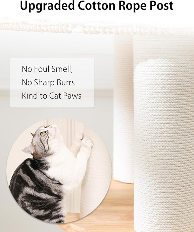 Wood Cat Tree for Large Cat, 63-Inch Tall Cat Tower with Scratching Post for Indoor Cats, Multi-Level Cat Condo with Hand-Woven Cat Bed and Acrylic Bowl Easy to Clean (White 81007s)