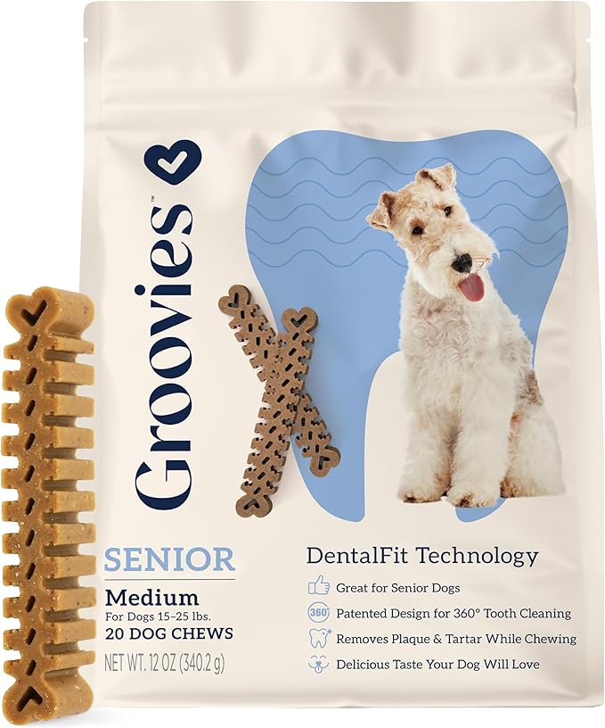 Groovies Slightly Softer, Yet Flexible Dental Chew for Senior Dogs & Delicate Chewers. Powered by USA-Patented DentalFit Tech. No Added Gluten, No Artificial Flavors or Colors. 12oz Medium (20Chews)