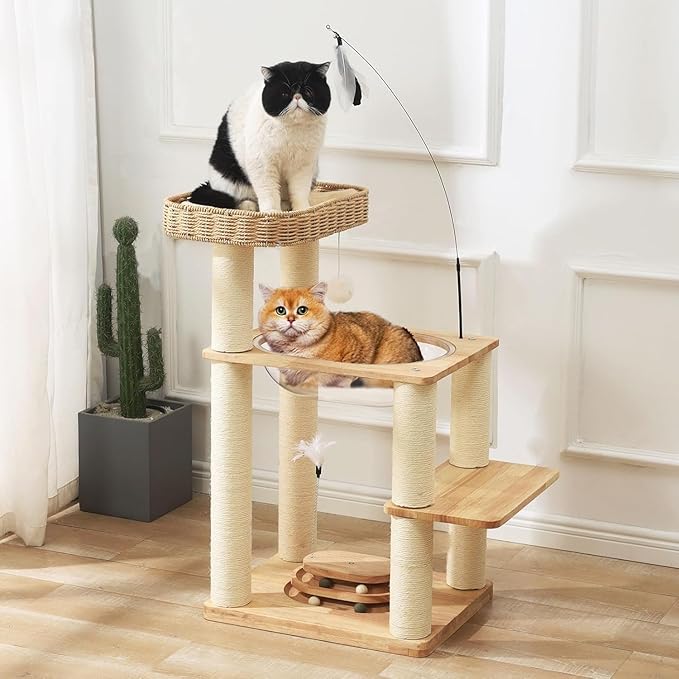 Wood Cat Tree Tower with Space Capsule, Hand-Woven Basket Nest, Feather Toy, Hanging Balls, Sisal Posts, 4-Tier Indoor Climbing 34 Inch Modern Cat Tree Tower for Kittens